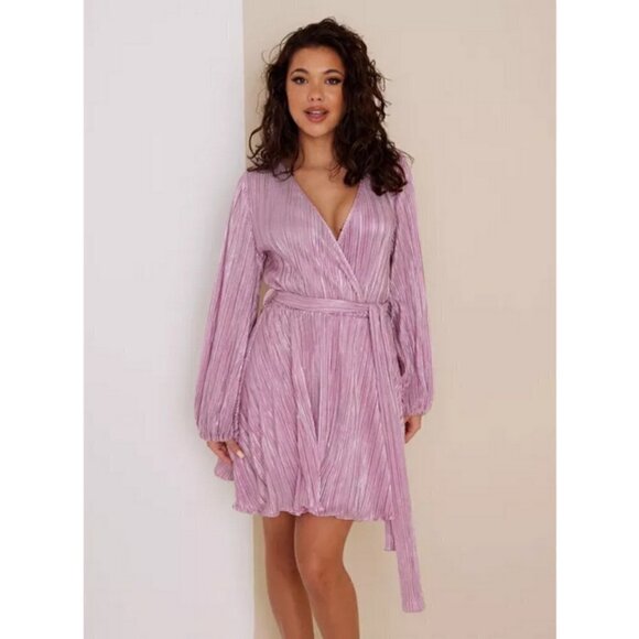 💕BARDOT Bellissa Long Sleeve Faux Wrap Dress Sorbet Pink Metallic Shine XL NWT - Picture 2 of 16